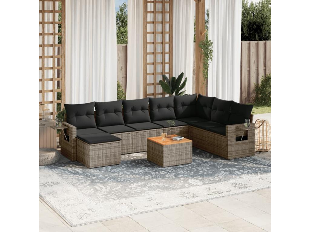 Salon de jardin 9 pcs avec coussins gris résine tressée XRIT67322