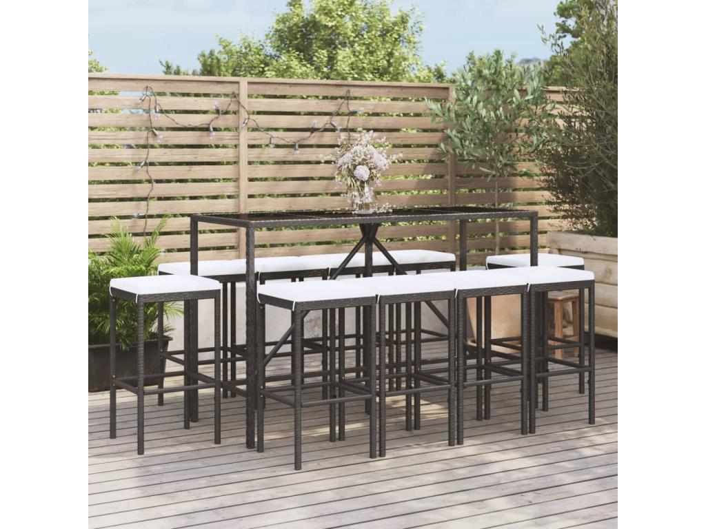 Ensemble de bar de jardin 11 pcs avec coussins noir poly rotin PACI93694