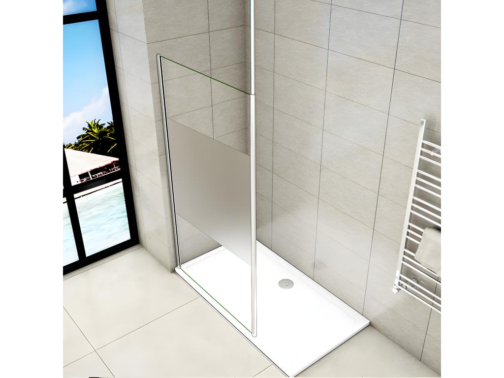 Paroi de douche à l'italienne 110x200cm avec barre de fixation au plafond 203-320cm en 8mm verre bande centrale dépolie XXPG00630