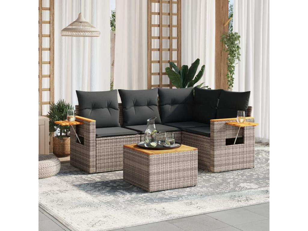 Salon de jardin 5 pcs avec coussins gris résine tressée TAHA29135
