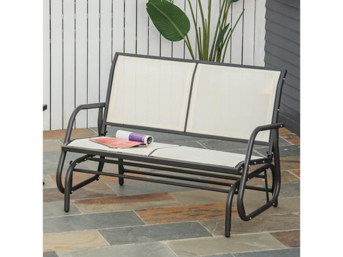 Banc à bascule de jardin 2 places design contemporain grand confort accoudoirs assise et dossier ergonomique acier textilène beige QPUP23818