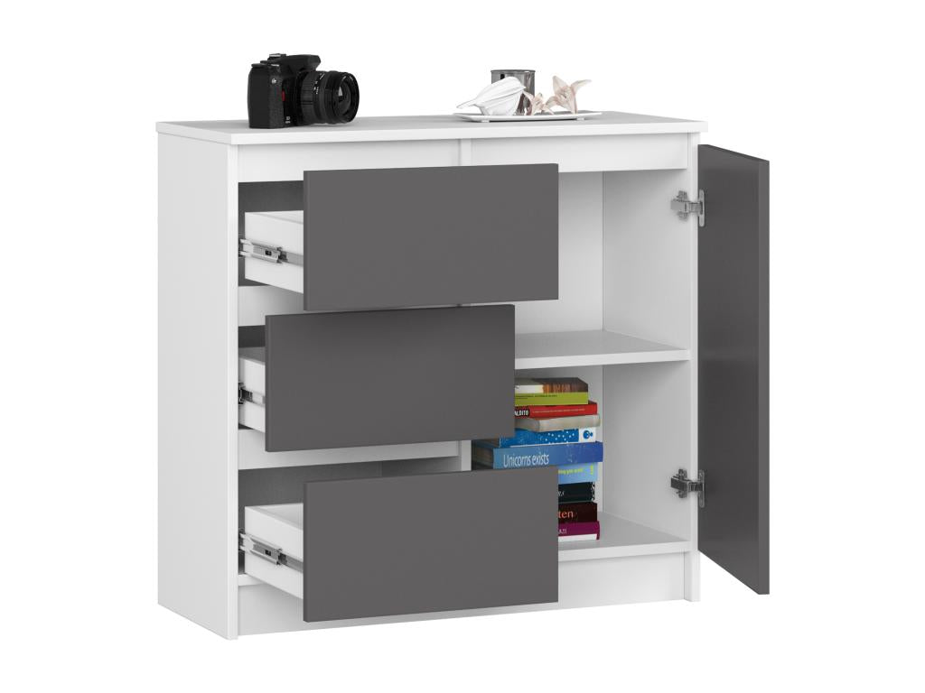 Commode Dormeva Blanche 80 cm 1 porte 3 tiroirs façade Gris Graphite 2 étagères 80x35x77 cm RLMZ75645