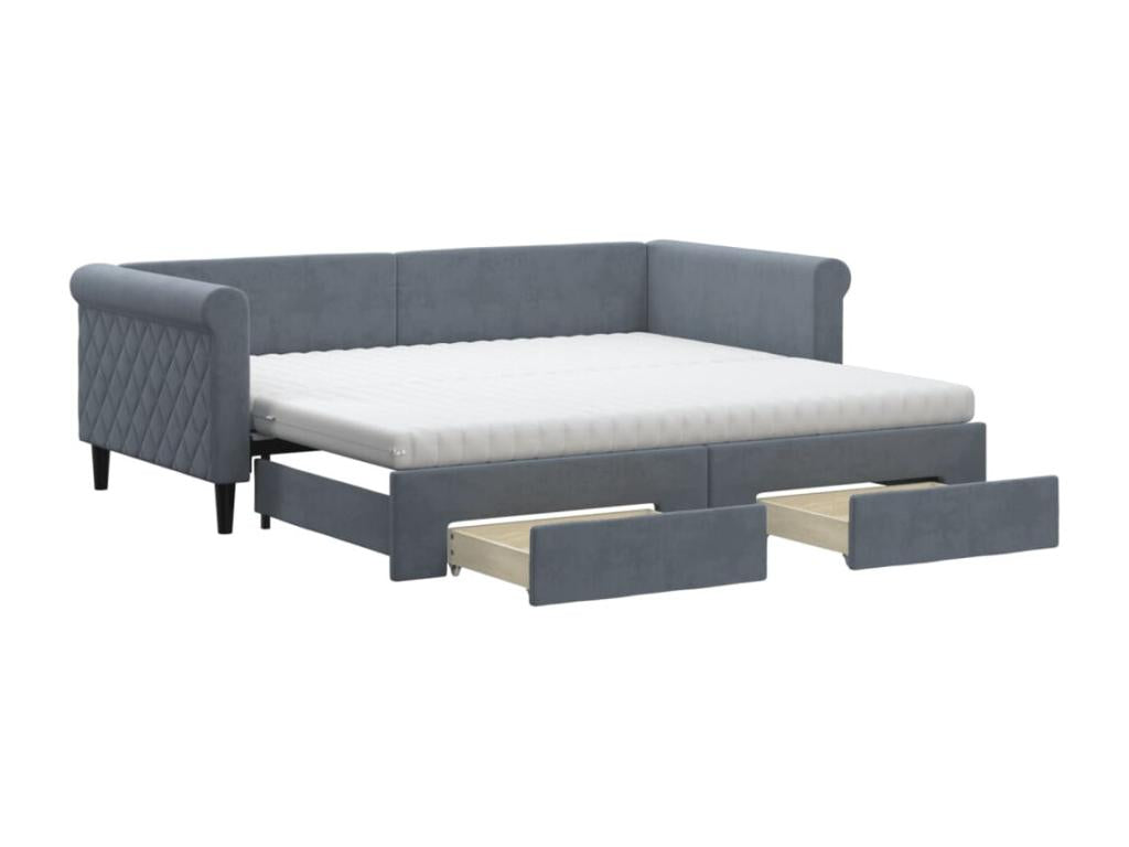 Lit de jour avec gigogne et tiroirs gris foncé 90x190cm velours ZEZK12452