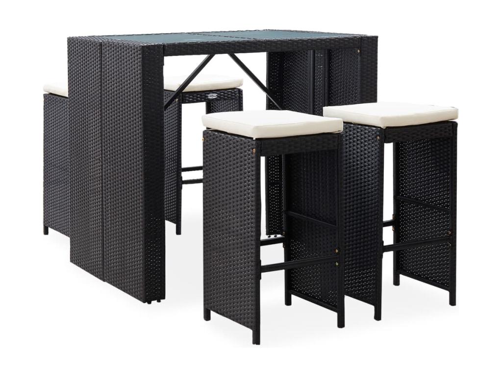 Mobilier de bar d'extérieur 5 pièces Résine tressée et verre Noir POJY45312