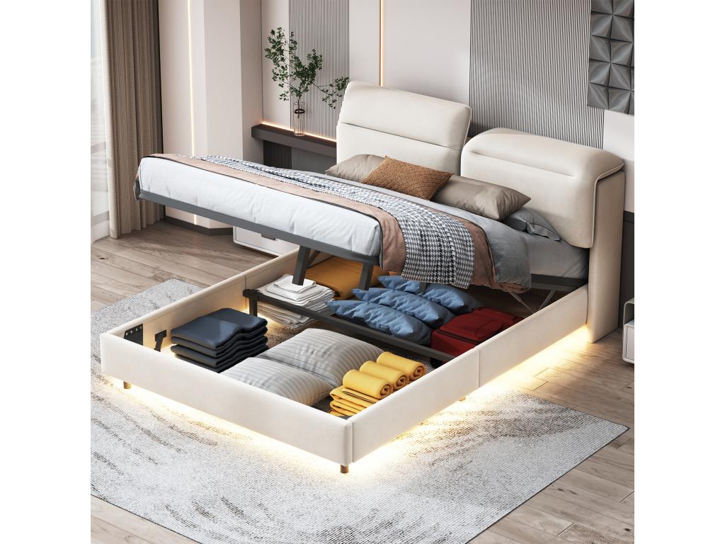 Lit coffre 160x200cm en Zensova velous - avec tête de lit pliante et Zensova à Zensova - Beige GMWX01527