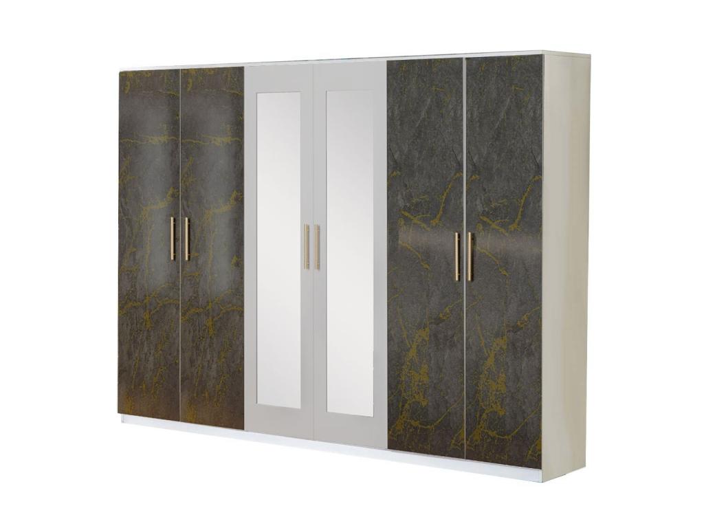 Grande armoire de chambre 6 portes battantes bois blanc et bois gris brillant marbré doré Dormeva 242cm DSHS74098