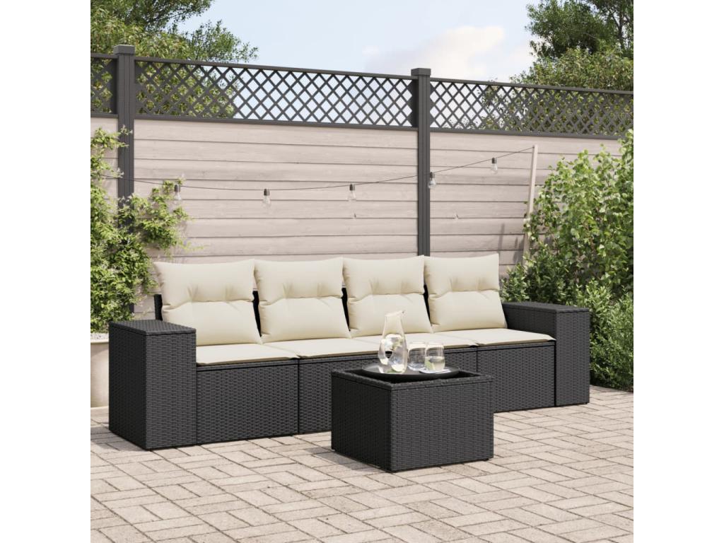 Salon de jardin 5 pcs avec coussins noir résine tressée OBWO90817