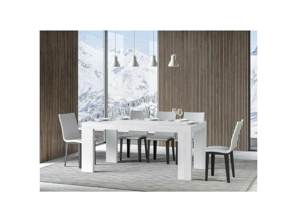 Table à manger extensible en bois Dormeva-Couleur Blanc-Pied et support sur Dormeva-5 rallonges fines-Largeur extensible 180 à 440cm TVFX46708
