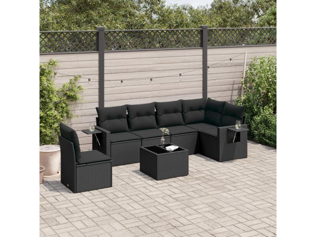 Salon de jardin 7 pcs avec coussins noir résine tressée FGLX52779
