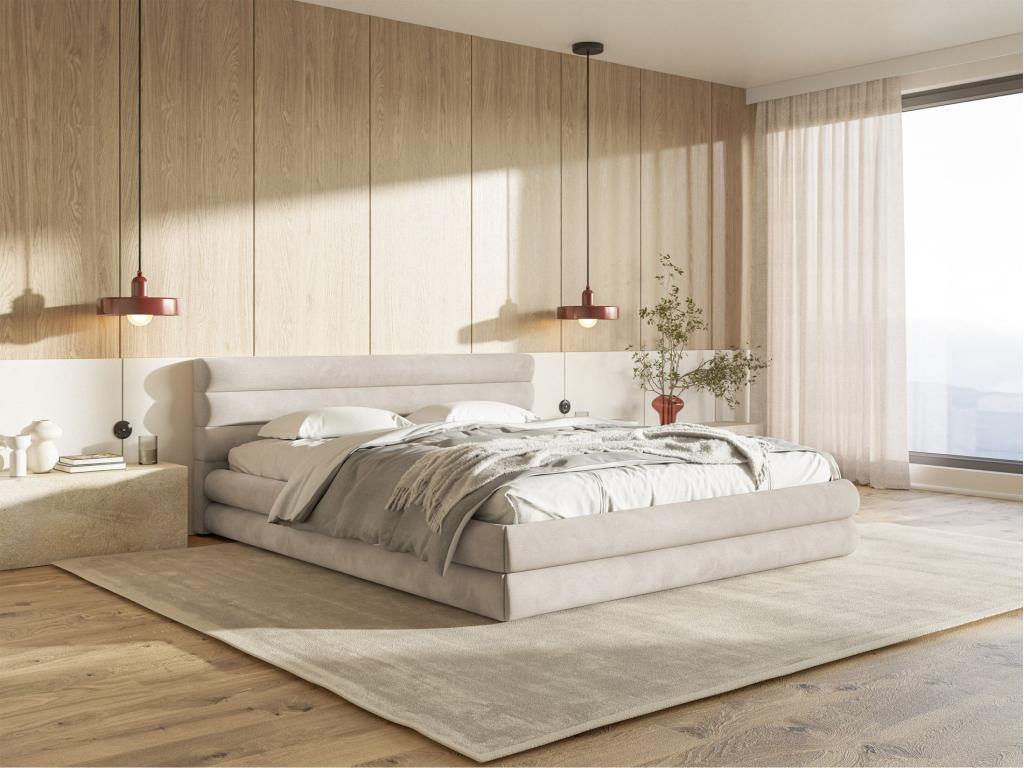 Lit coffre - 180x200 cm - en velours déperlant gris beige - Zensova LNKD43116