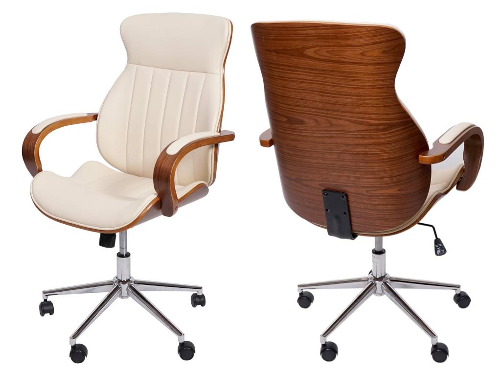 Chaise de bureau Dormeva-H39 fauteuil pivotante bois courbé aspect noyer similicuir - beige-crème HMUM38890