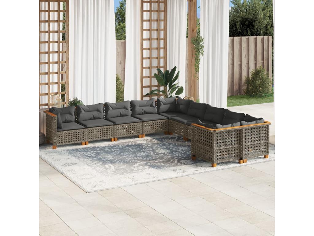 Salon de jardin avec coussins 10 pièces gris résine tressée HFQG78807