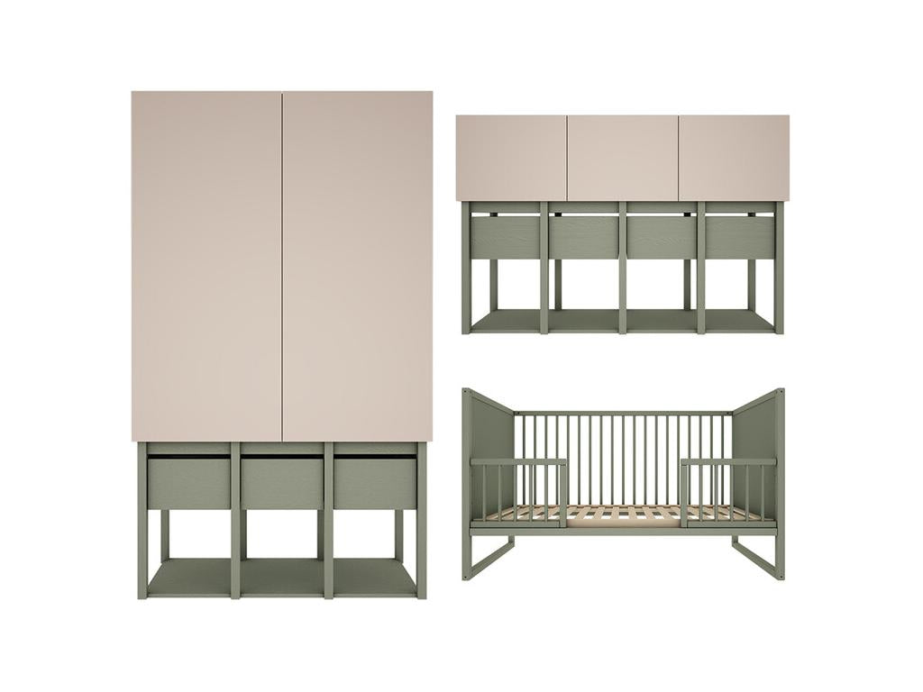 Chambre complète lit évolutif 70x140 commode 3 portes et armoire 2 portes Zensova Vert Eucalyptus et Beige HFON36790