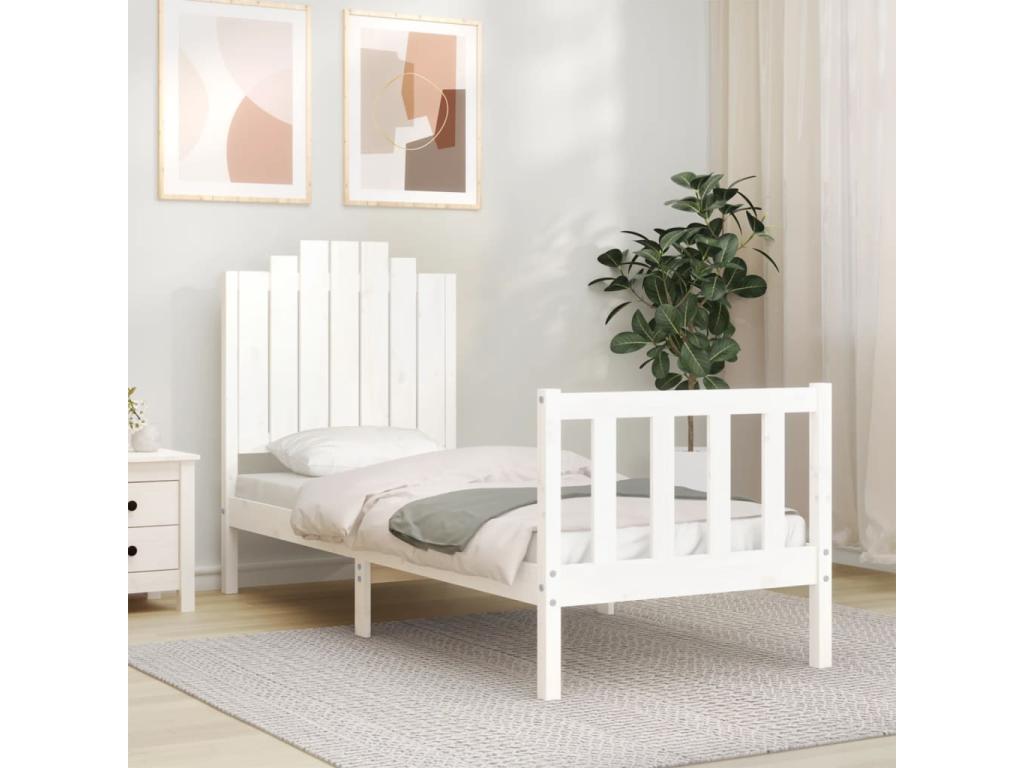 Cadre de lit avec tête de lit blanc petit simple bois massif QZMU38981