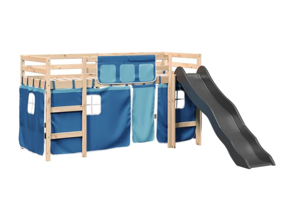 Lit mezzanine enfants et rideaux bleu 90x190cm bois pin massif EYPY39887